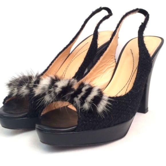 KATE SPADE Galore Black Boucle Tweed Mink Fur Bow Slingback Peep‎ Toe Heels Pump - Picture 11 of 17